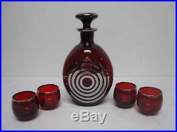 VINTAGE RUBY GLASS PINCH DECANTER & GLASSES w ART DECO SILVER CIRCLES OVERLAY