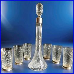 VINTAGE SILVER & CRYSTAL GLASS DECANTER AND SIX GLASSES MOSCOW / RUSSIA / 1960s