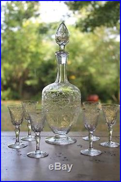 VINTAGE WEBB ENGRAVED DECANTER With 6 CORDIALS