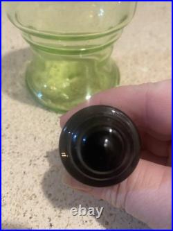 VINTAGE uranium Green GLASS DECANTER 8.5 Inch With black Art Deco Stopper Unique