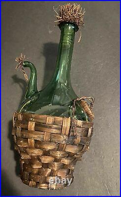 VTG 15 in Hand Blown Italian Green Glass Wine Decanter W Ice Chamber & Basket