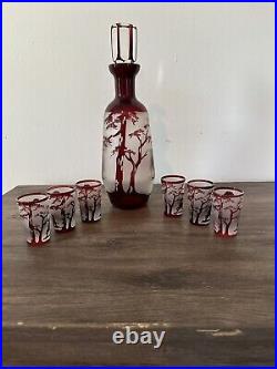 VTG 1940's Red Cameo Frosted Glass Decanter & 6 Shot Glasses Japanese