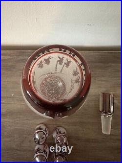 VTG 1940's Red Cameo Frosted Glass Decanter & 6 Shot Glasses Japanese