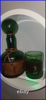 VTG 1960s Mid Century Modern Crackle Glass Bubble Top Decanter Green