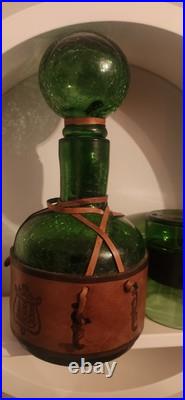 VTG 1960s Mid Century Modern Crackle Glass Bubble Top Decanter Green
