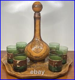VTG 1980's Italian Green Glass Decanter Set Leather Wrapped With Serving Tray