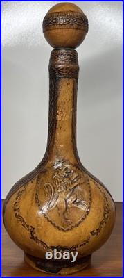 VTG 1980's Italian Green Glass Decanter Set Leather Wrapped With Serving Tray