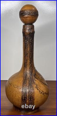 VTG 1980's Italian Green Glass Decanter Set Leather Wrapped With Serving Tray