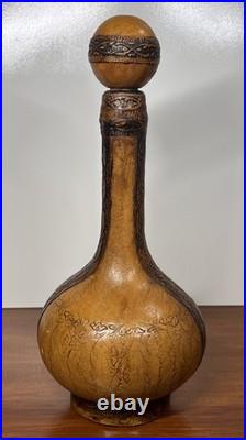 VTG 1980's Italian Green Glass Decanter Set Leather Wrapped With Serving Tray