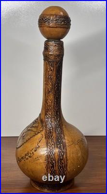 VTG 1980's Italian Green Glass Decanter Set Leather Wrapped With Serving Tray