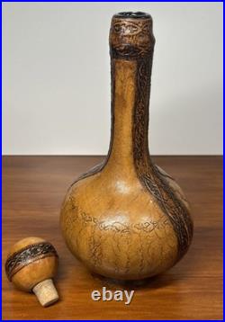 VTG 1980's Italian Green Glass Decanter Set Leather Wrapped With Serving Tray