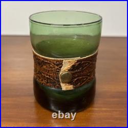 VTG 1980's Italian Green Glass Decanter Set Leather Wrapped With Serving Tray