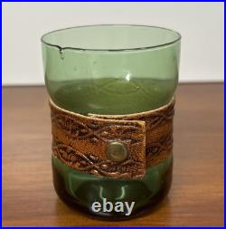 VTG 1980's Italian Green Glass Decanter Set Leather Wrapped With Serving Tray