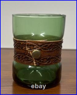 VTG 1980's Italian Green Glass Decanter Set Leather Wrapped With Serving Tray