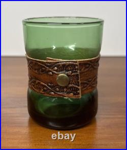 VTG 1980's Italian Green Glass Decanter Set Leather Wrapped With Serving Tray