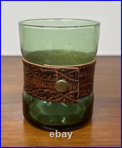 VTG 1980's Italian Green Glass Decanter Set Leather Wrapped With Serving Tray