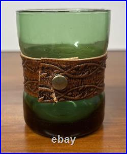 VTG 1980's Italian Green Glass Decanter Set Leather Wrapped With Serving Tray