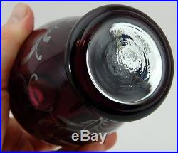 VTG 6 pc Amethyst Purple Silver Overlay Blown Glass Decanter & Shot Glass Set