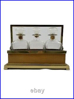 VTG 60s MCM Hollywood Regency 3 Glass Apothecary Decanters in Brass Caddy Case