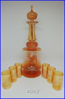 60's VTG Antique Soviet USSR Russian Glass Set Decanter Carafe Vodka Shot 6 Cups 