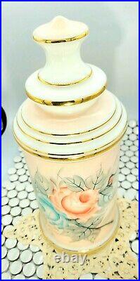VTG Apothecary Jar Lidded Milk Glass Hand Painted Floral Gold Trim Art Nouveau