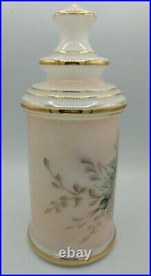 VTG Apothecary Jar Lidded Milk Glass Hand Painted Floral Gold Trim Art Nouveau