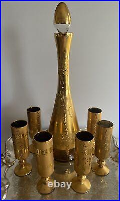 VTG Ardalt Golden Gold Glass Decanter Set With 6 Glasses Original Label Italy