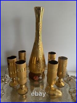 VTG Ardalt Golden Gold Glass Decanter Set With 6 Glasses Original Label Italy