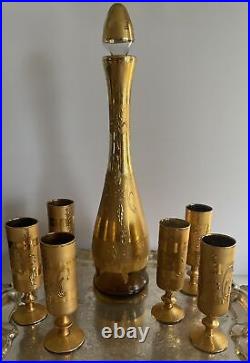 VTG Ardalt Golden Gold Glass Decanter Set With 6 Glasses Original Label Italy