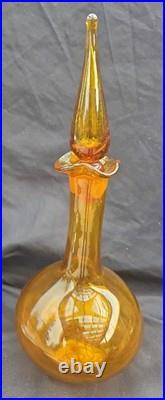 VTG Blenko #37 Honey Amber Glass Decanter Genie Bottle w Teardrop Flame Stopper