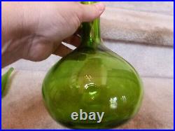 VTG Blenko Glass #37 Green Glass Decanter Genie Bottle Teardrop Stopper 14.5