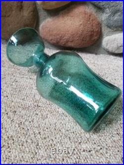 VTG Blenko Glass Decanter Teal Blue Green Sandblasted Signature NO STOPPER