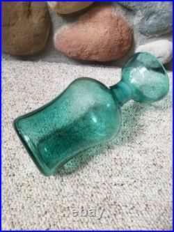 VTG Blenko Glass Decanter Teal Blue Green Sandblasted Signature NO STOPPER