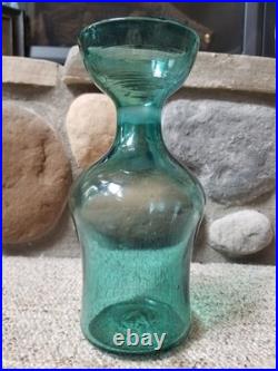 VTG Blenko Glass Decanter Teal Blue Green Sandblasted Signature NO STOPPER