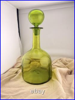 VTG Blenko Olive Green Art Glass Decanter Ball Stopper 14 In