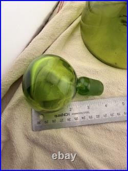 VTG Blenko Olive Green Art Glass Decanter Ball Stopper 14 In
