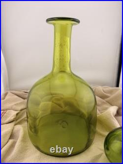 VTG Blenko Olive Green Art Glass Decanter Ball Stopper 14 In