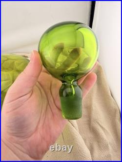 VTG Blenko Olive Green Art Glass Decanter Ball Stopper 14 In