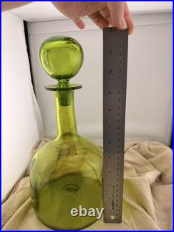 VTG Blenko Olive Green Art Glass Decanter Ball Stopper 14 In
