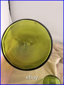 VTG Blenko Olive Green Art Glass Decanter Ball Stopper 14 In