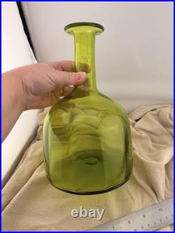 VTG Blenko Olive Green Art Glass Decanter Ball Stopper 14 In