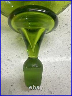 VTG Blenko Winslow Anderson #49 Pinched Green Crackle Glass DECANTER withStopper