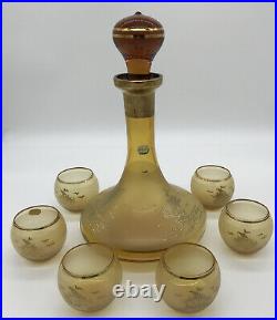 VTG Bohemia Crystal Amber Liquor Decanter Set With 6 Glasses, Nautical Theme. Exc