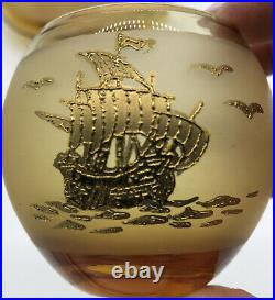 VTG Bohemia Crystal Amber Liquor Decanter Set With 6 Glasses, Nautical Theme. Exc