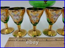 VTG Bohemian Cordial Decanter 6 Glasses Emerald Green Gold Gilt Painted Flowers