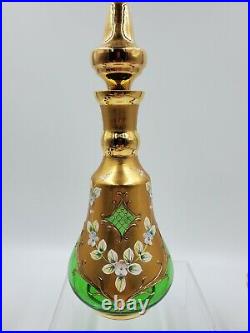VTG Bohemian Cordial Decanter 6 Glasses Emerald Green Gold Gilt Painted Flowers