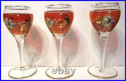 VTG Bohemian Cranberry & Clear Glass Decanter & 6 Goblets Applied Enamel Flowers