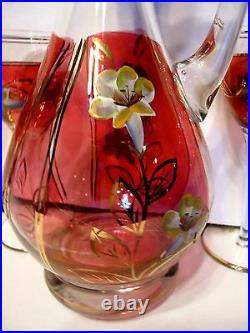 VTG Bohemian Cranberry & Clear Glass Decanter & 6 Goblets Applied Enamel Flowers