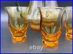 VTG Bohemian Czech Amber Glass Decanter Set 3 Cordial Shot Glasses Green Stopper