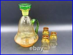 VTG Bohemian Czech Amber Glass Decanter Set 3 Cordial Shot Glasses Green Stopper